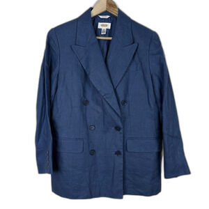 Talbots Vintage Blue 100% Linen Double Breasted Jacket 10 Petite Coastal Classic